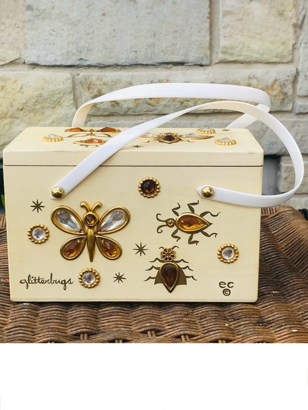 Vintage purse Wood Box Bag Enid Collins GlitterBugs Jewels Bugs evening